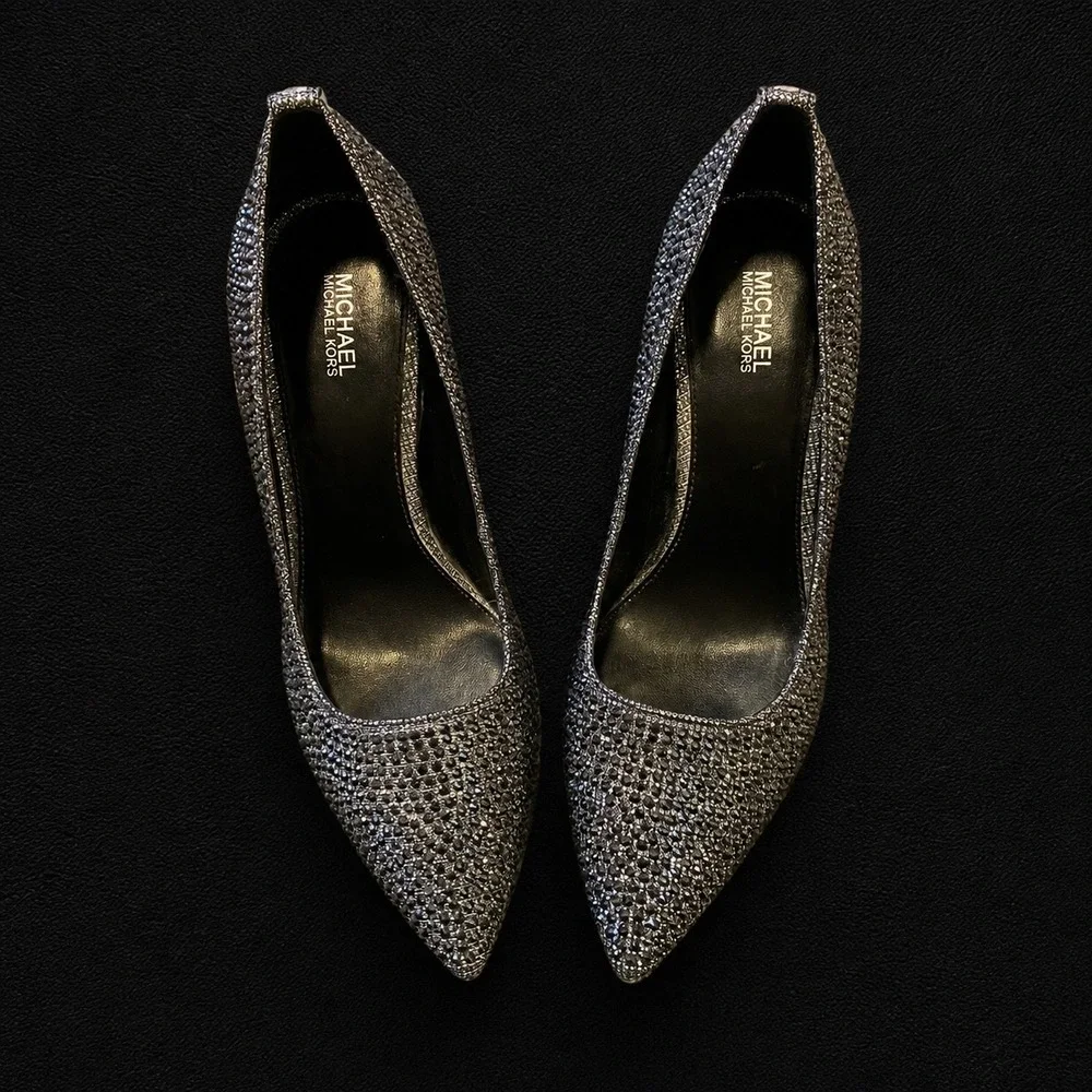 Michael Kors Dorothy Flex Crystal Embellished Pointed Toe Pumps Hematite 7.5M
